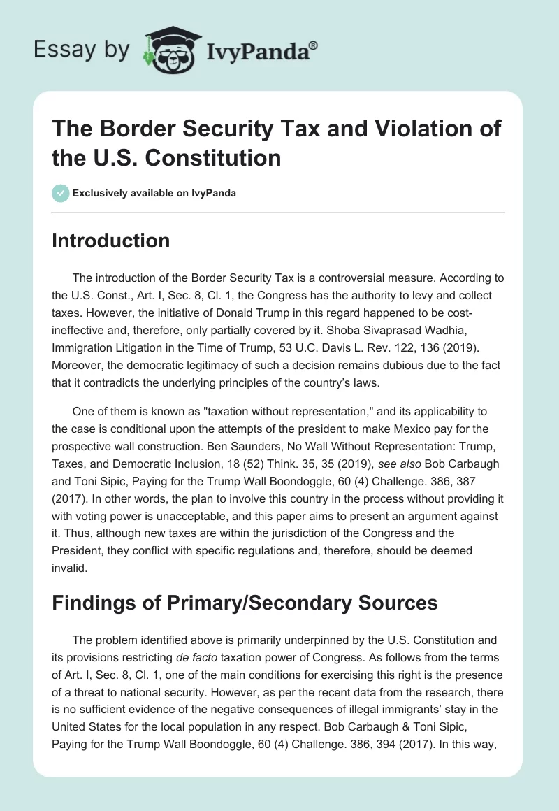The Border Security Tax and Violation of the U.S. Constitution. Page 1