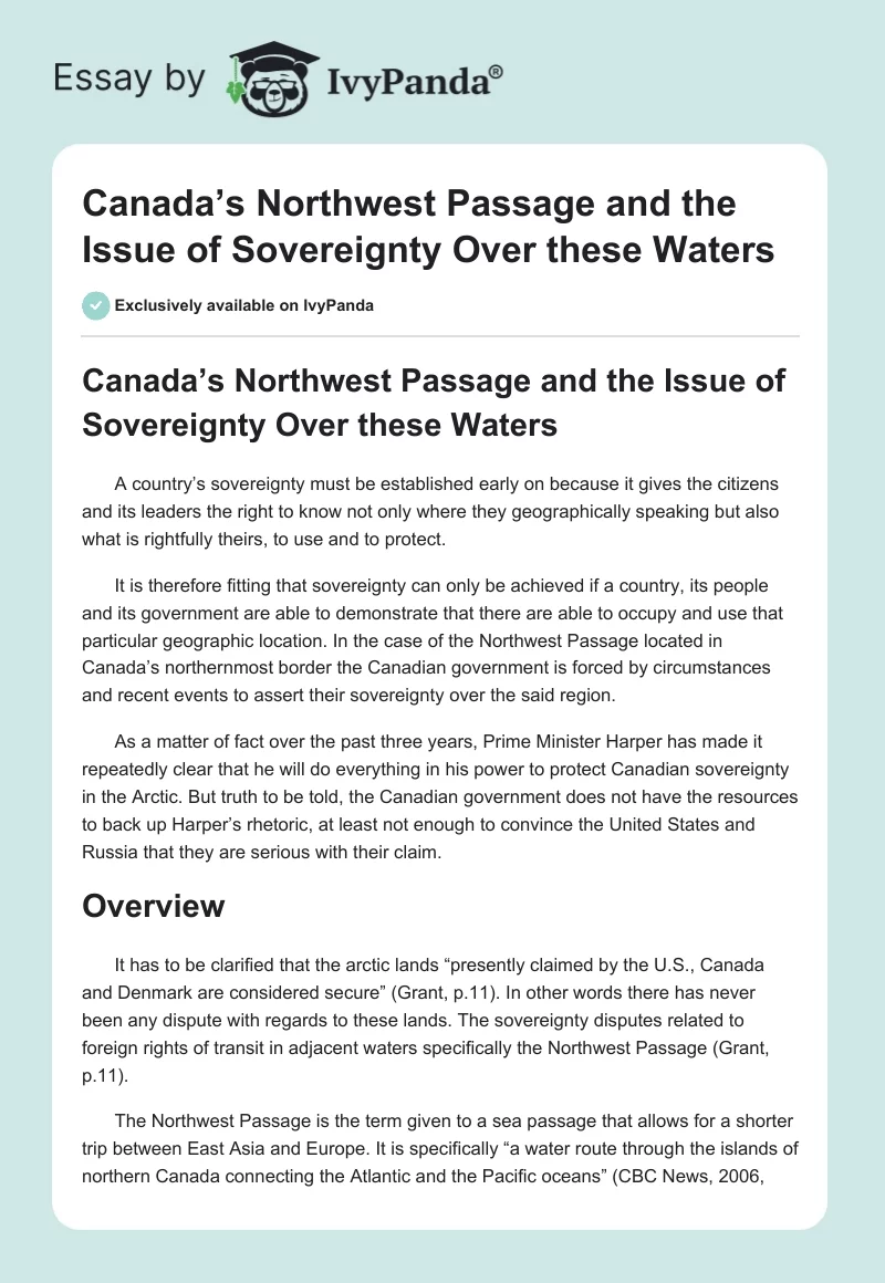 Canada’s Northwest Passage and the Issue of Sovereignty Over these Waters. Page 1