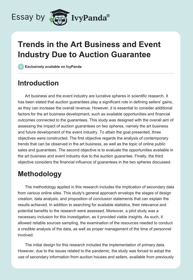 Trends in the Art Business and Event Industry Due to Auction Guarantee. Page 1