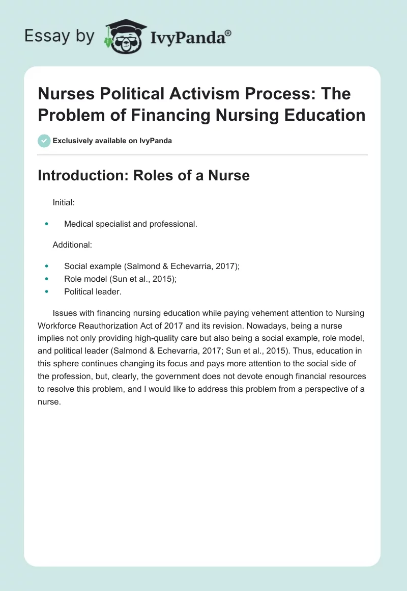 Nurses Political Activism Process: The Problem of Financing Nursing Education. Page 1