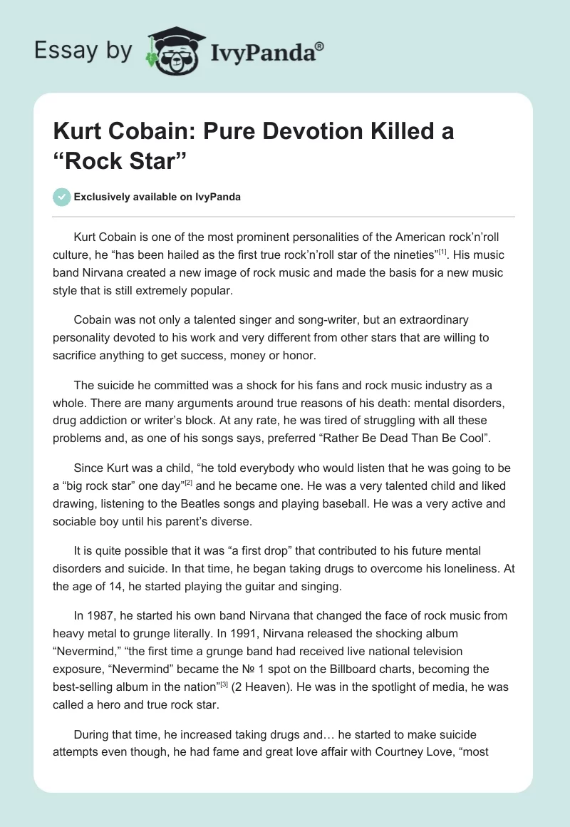 Kurt Cobain: Pure Devotion Killed a “Rock Star”. Page 1