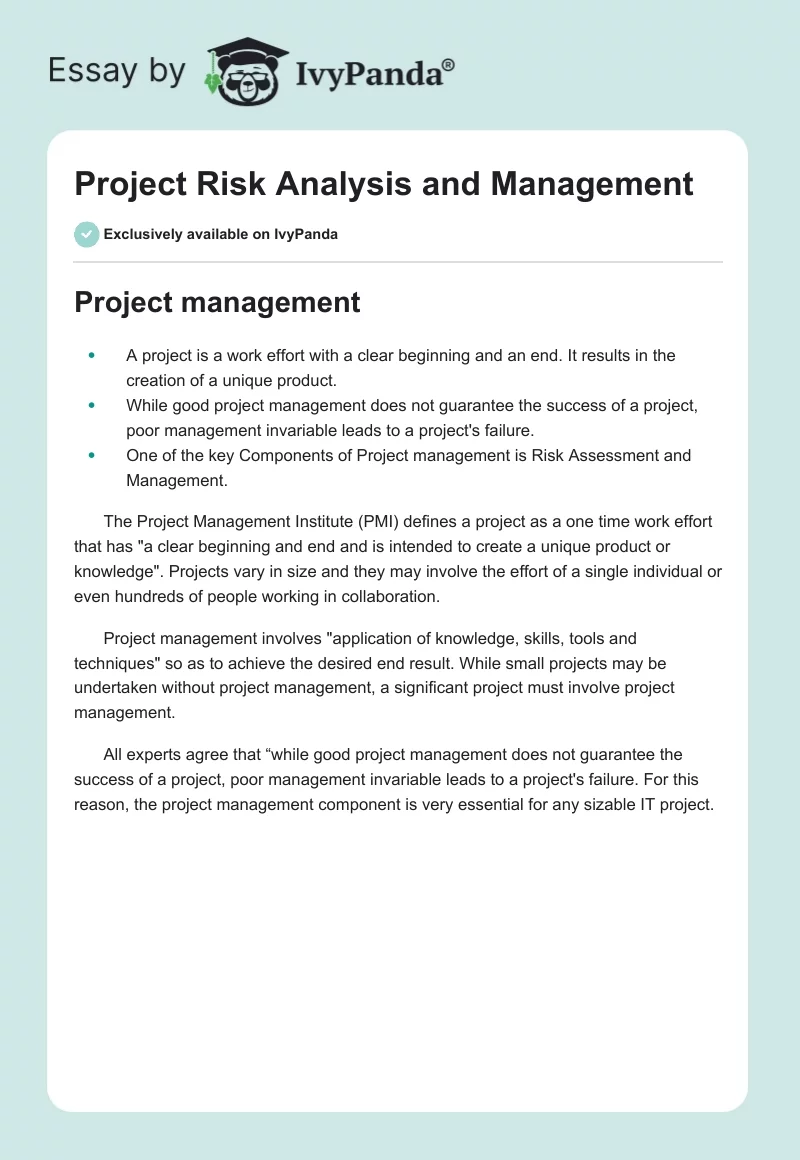 Project Risk Analysis and Management. Page 1