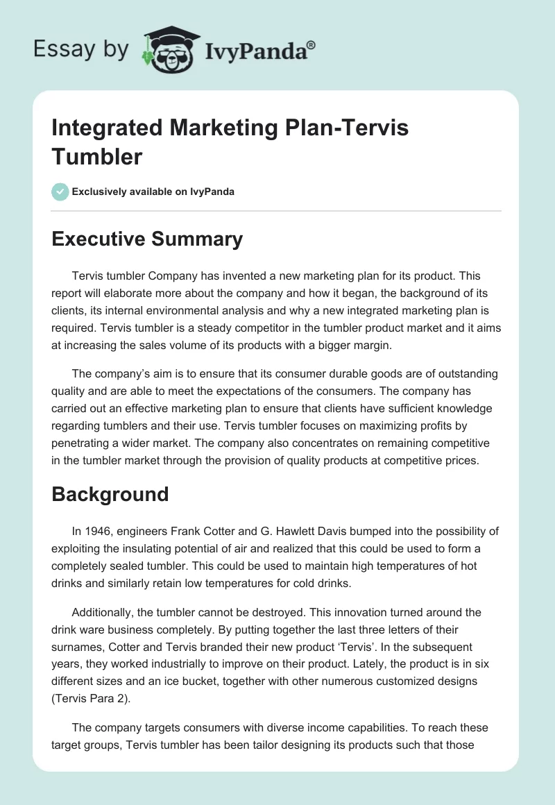 Integrated Marketing Plan-Tervis Tumbler. Page 1