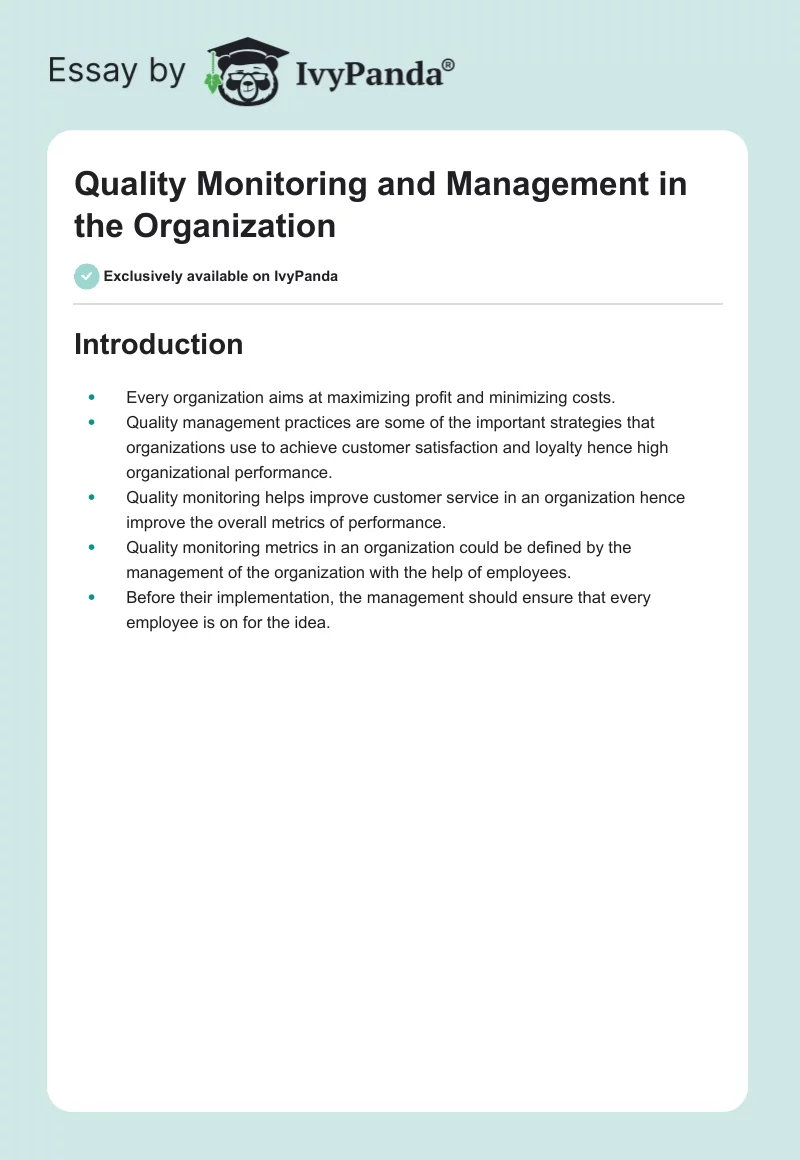 Quality Monitoring and Management in the Organization. Page 1