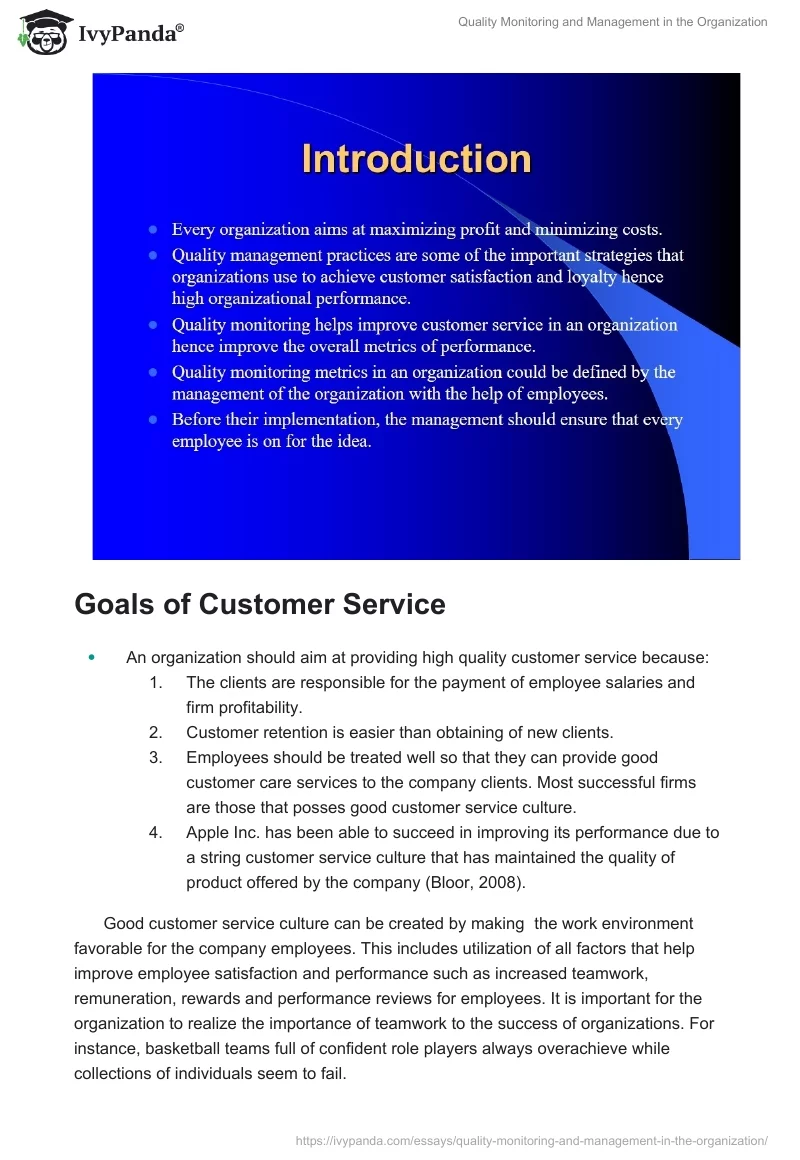 Quality Monitoring and Management in the Organization. Page 2