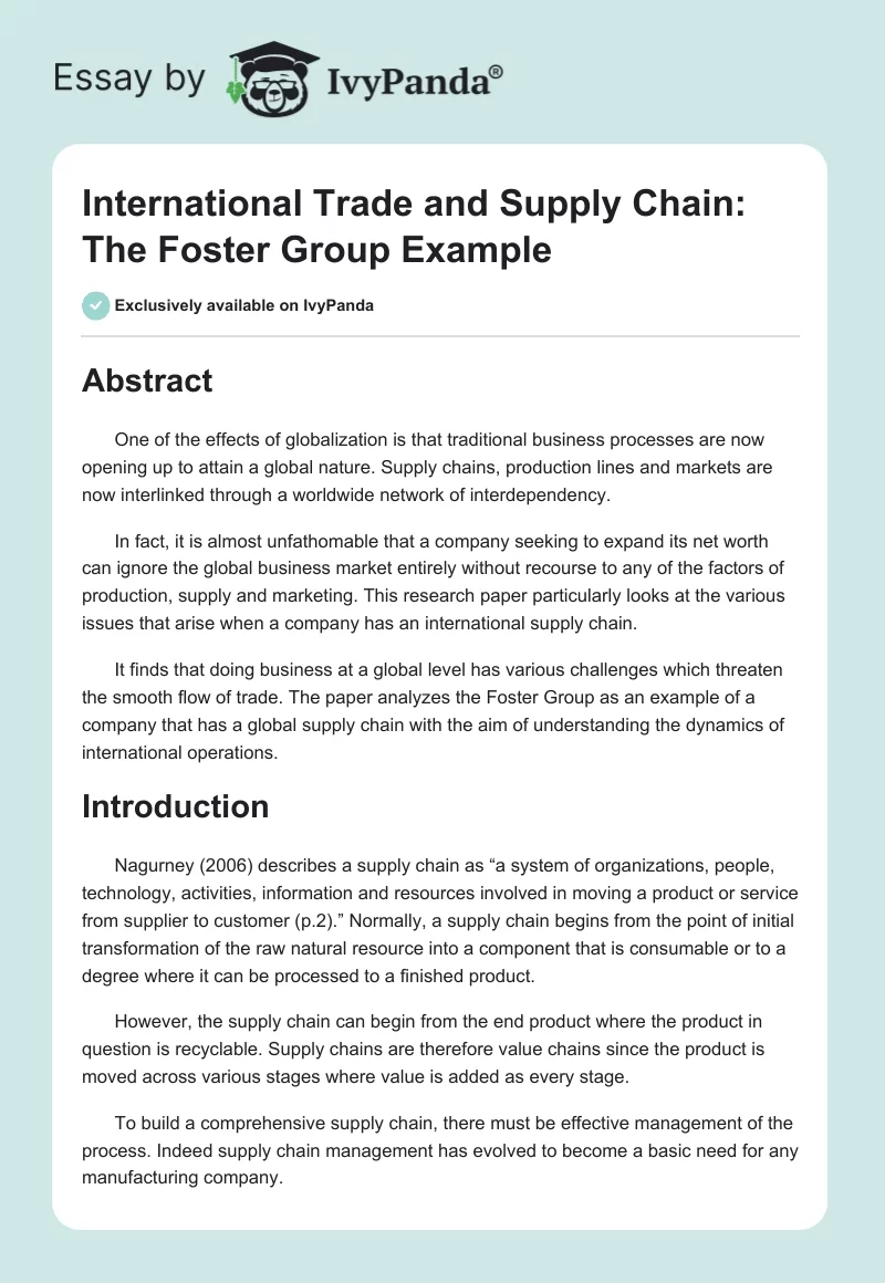 International Trade and Supply Chain: The Foster Group Example. Page 1