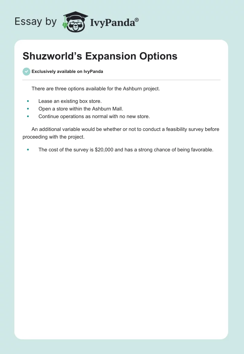 Shuzworld’s Expansion Options. Page 1