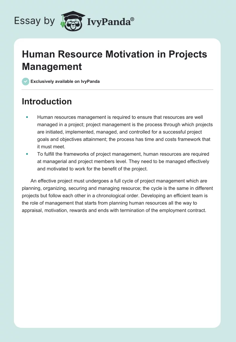 Human Resource Motivation in Projects Management. Page 1