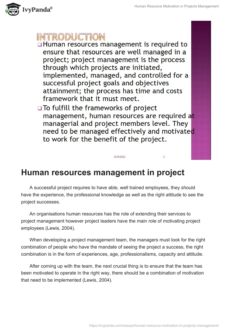 Human Resource Motivation in Projects Management. Page 2