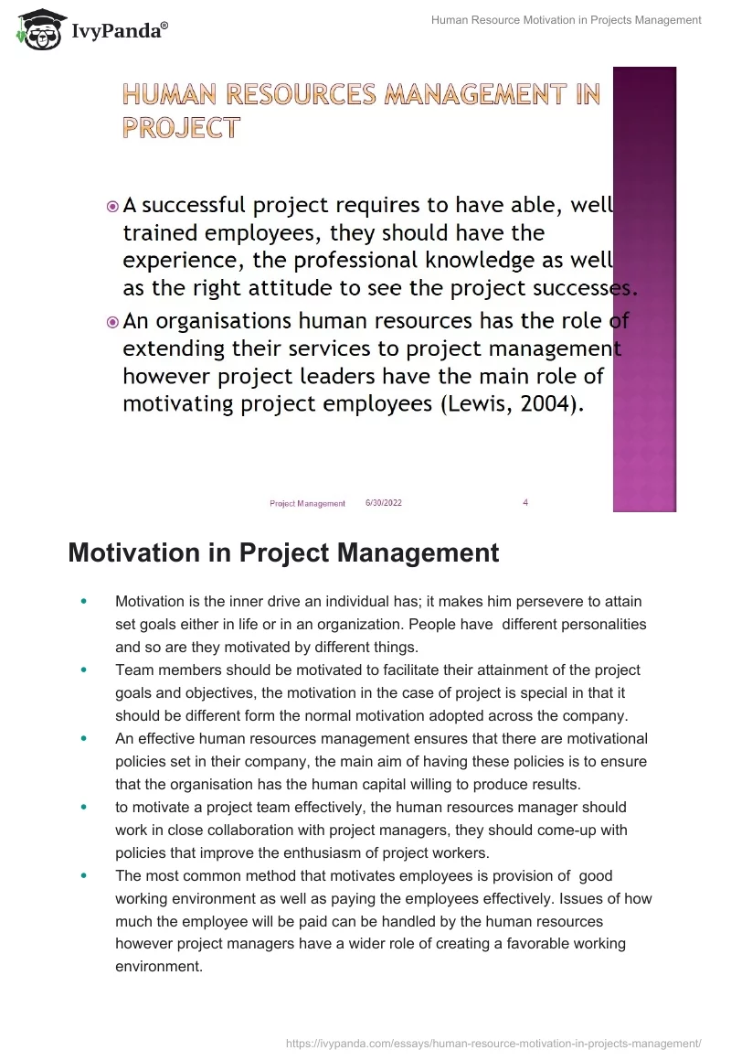 Human Resource Motivation in Projects Management. Page 3