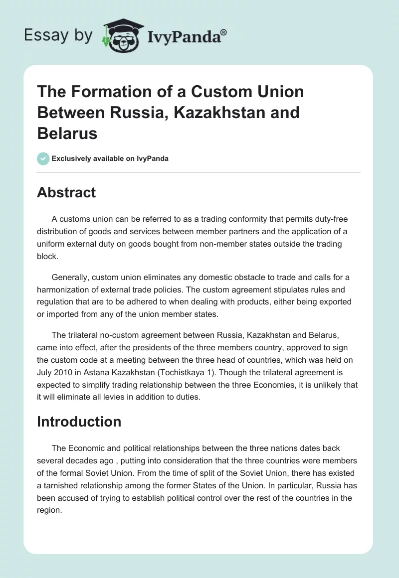 The Formation of a Custom Union Between Russia, Kazakhstan and Belarus. Page 1