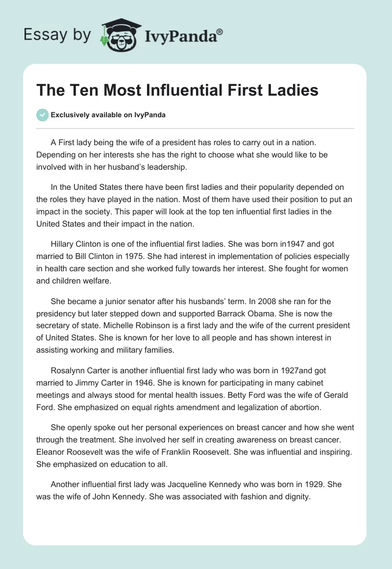 The Ten Most Influential First Ladies. Page 1