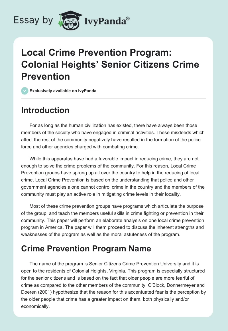 Local Crime Prevention Program: Colonial Heights’ Senior Citizens Crime Prevention. Page 1
