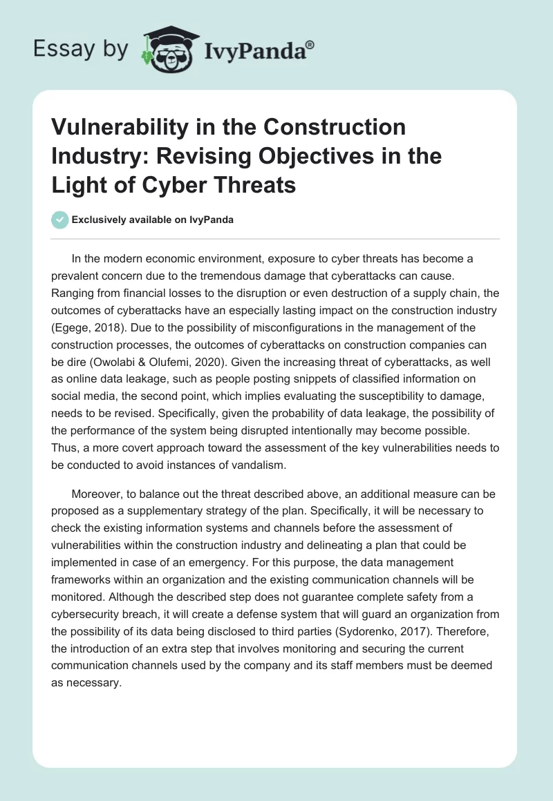 Vulnerability in the Construction Industry: Revising Objectives in the Light of Cyber Threats. Page 1