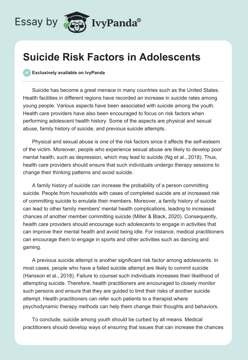 Suicide Risk Factors in Adolescents. Page 1