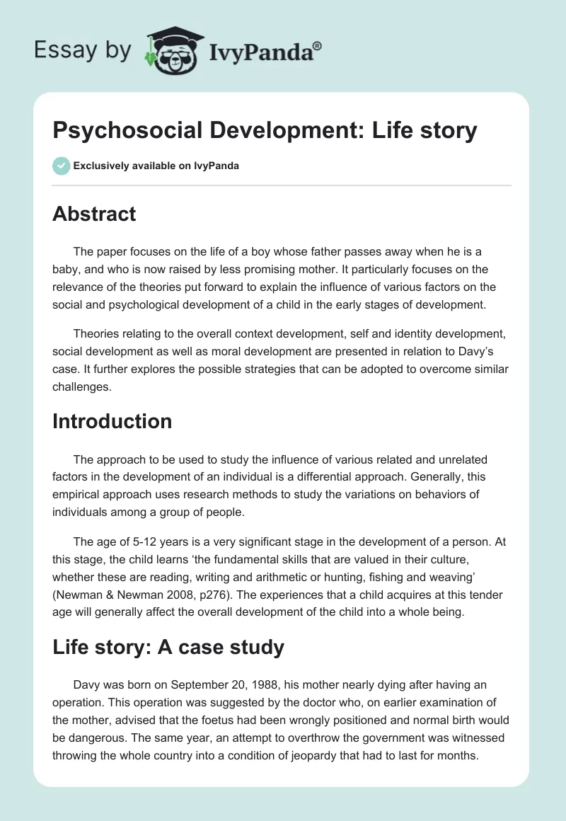 Psychosocial Development: Life story. Page 1