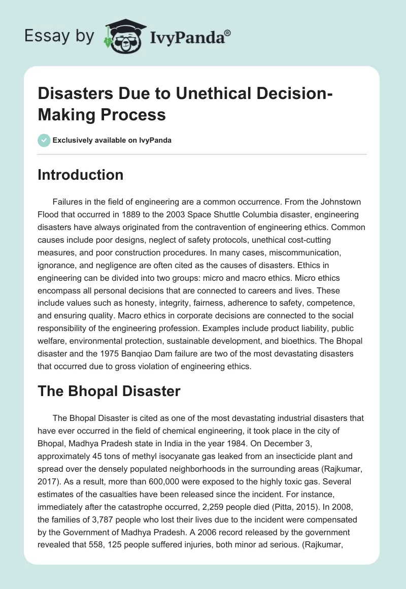 Disasters Due to Unethical Decision-Making Process. Page 1