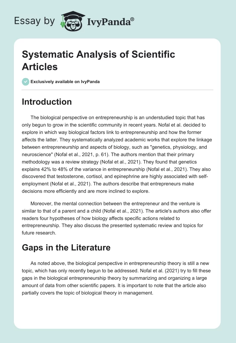 Systematic Analysis of Scientific Articles. Page 1