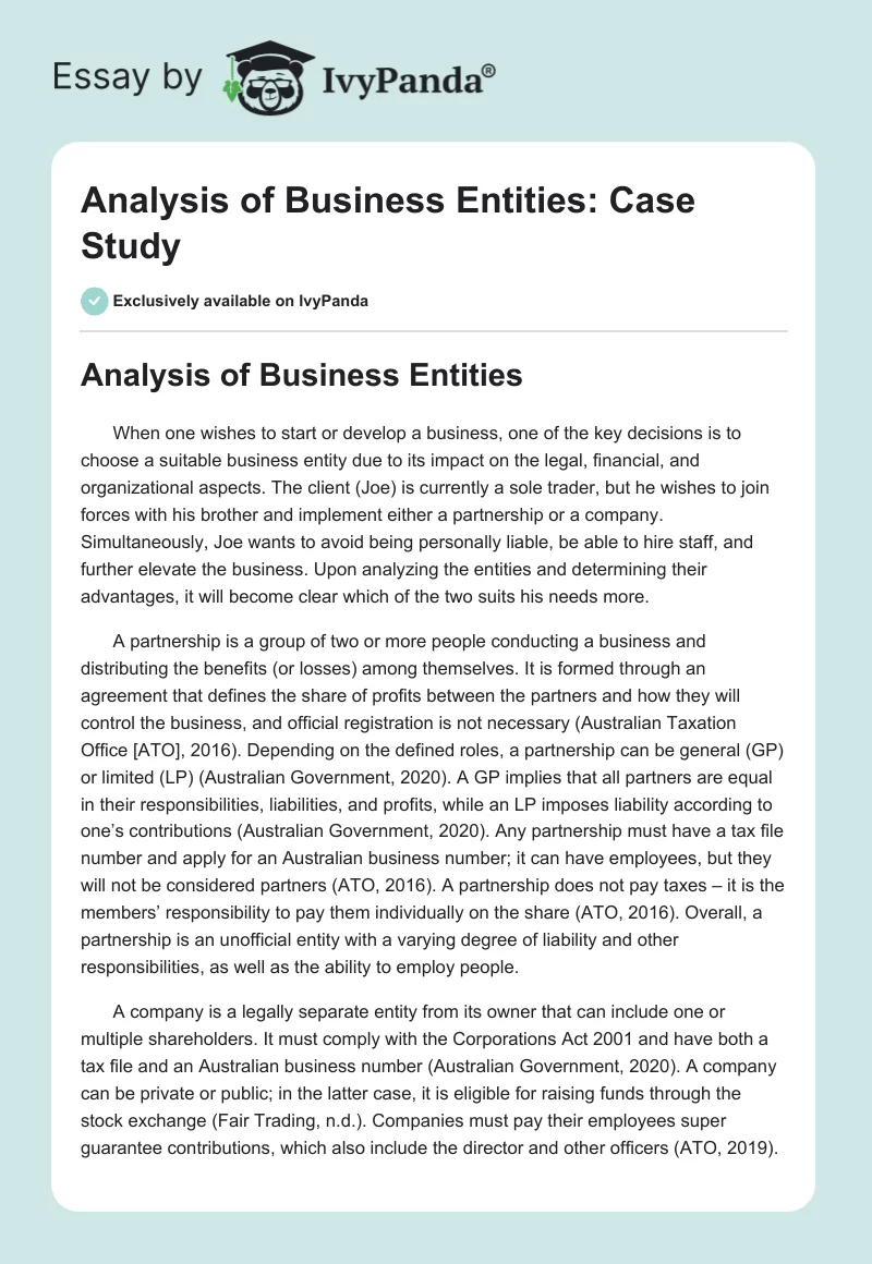 Analysis of Business Entities: Case Study. Page 1