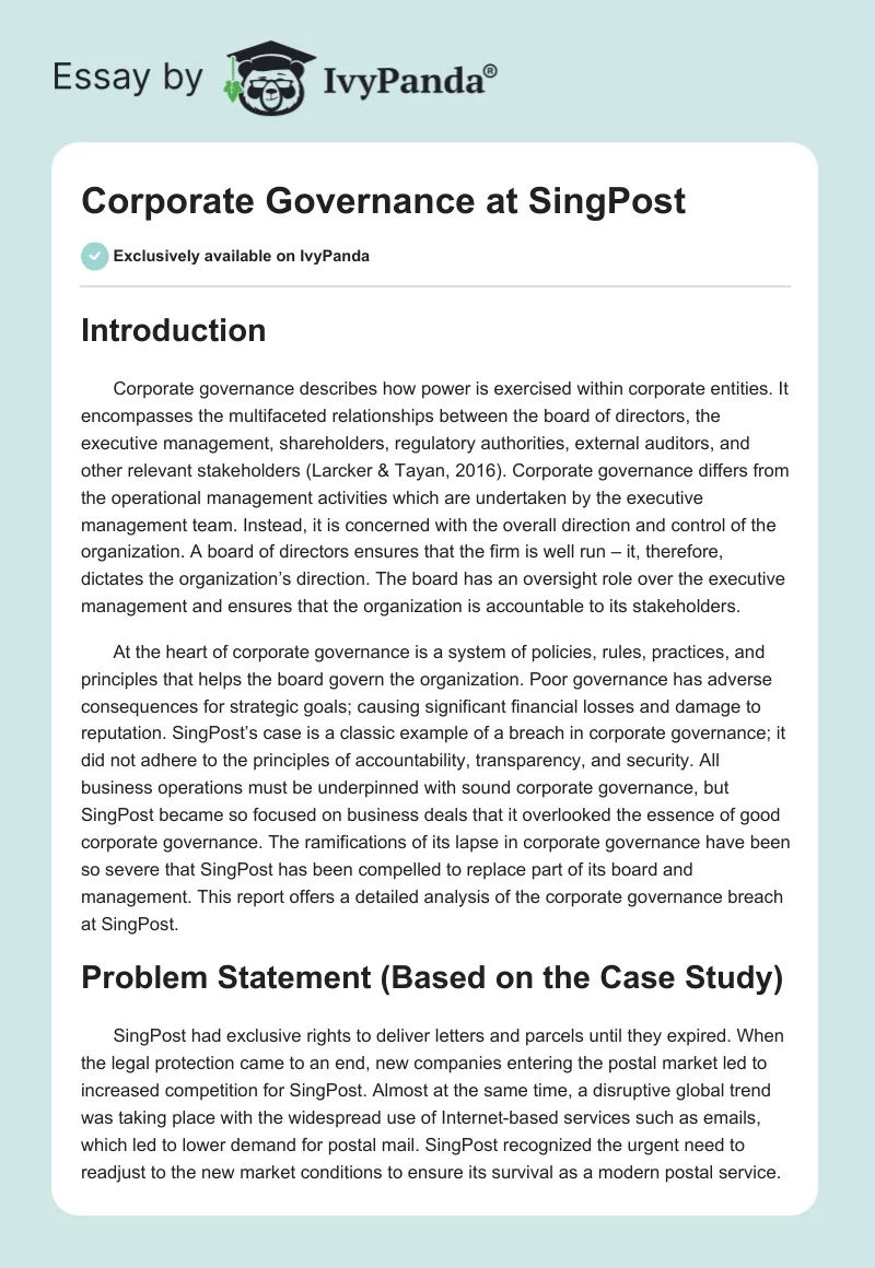Corporate Governance at SingPost. Page 1