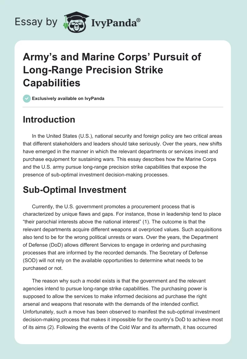 Army’s and Marine Corps’ Pursuit of Long-Range Precision Strike Capabilities. Page 1