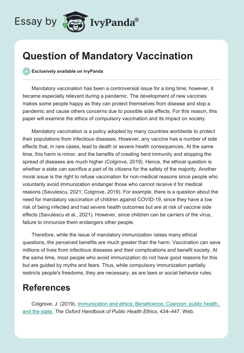 Question of Mandatory Vaccination. Page 1