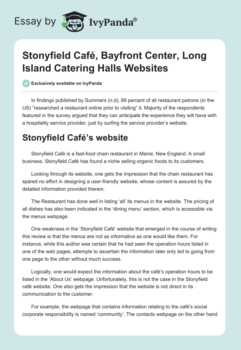 Stonyfield Café, Bayfront Center, Long Island Catering Halls Websites. Page 1