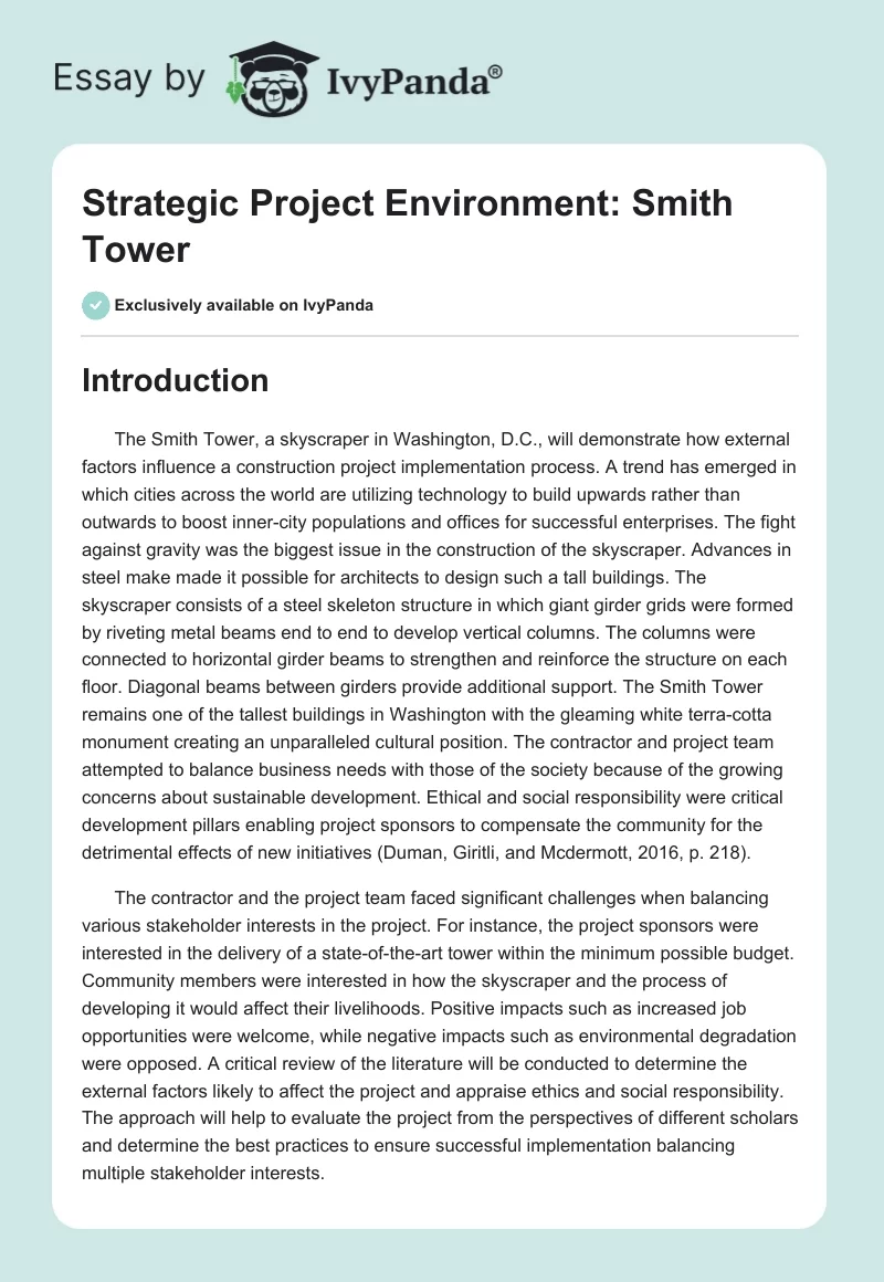Strategic Project Environment: Smith Tower. Page 1