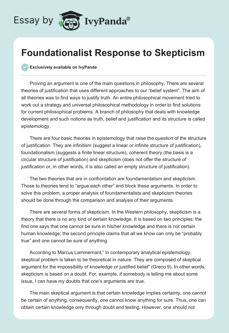 Foundationalist Response to Skepticism. Page 1