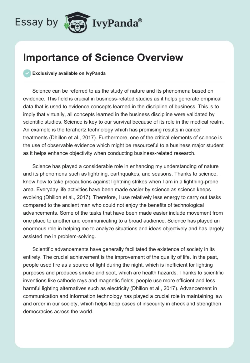 Importance of Science Overview. Page 1