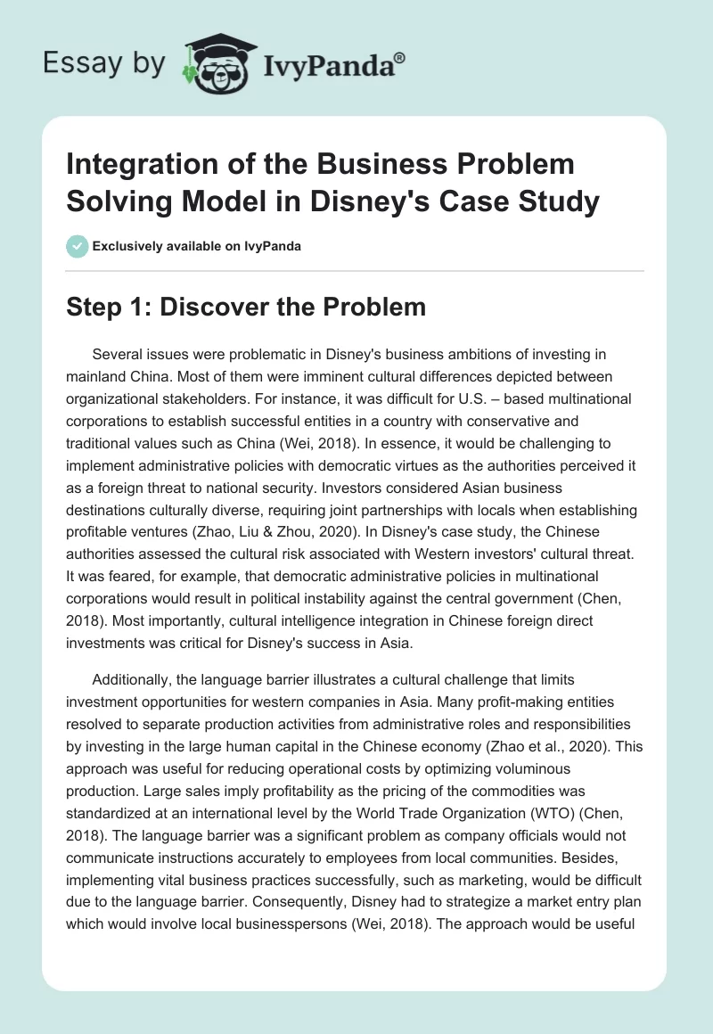 Integration of the Business Problem Solving Model in Disney's Case Study. Page 1