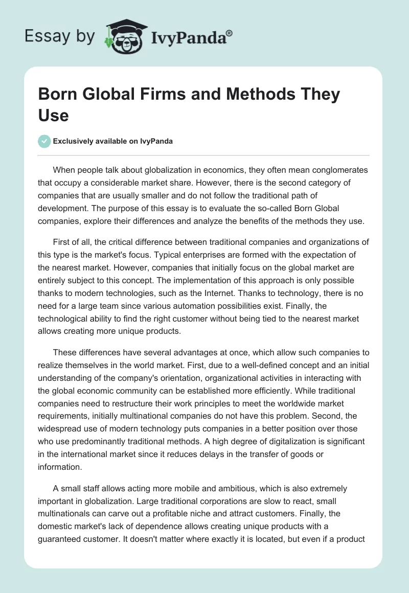 Born Global Firms and Methods They Use. Page 1