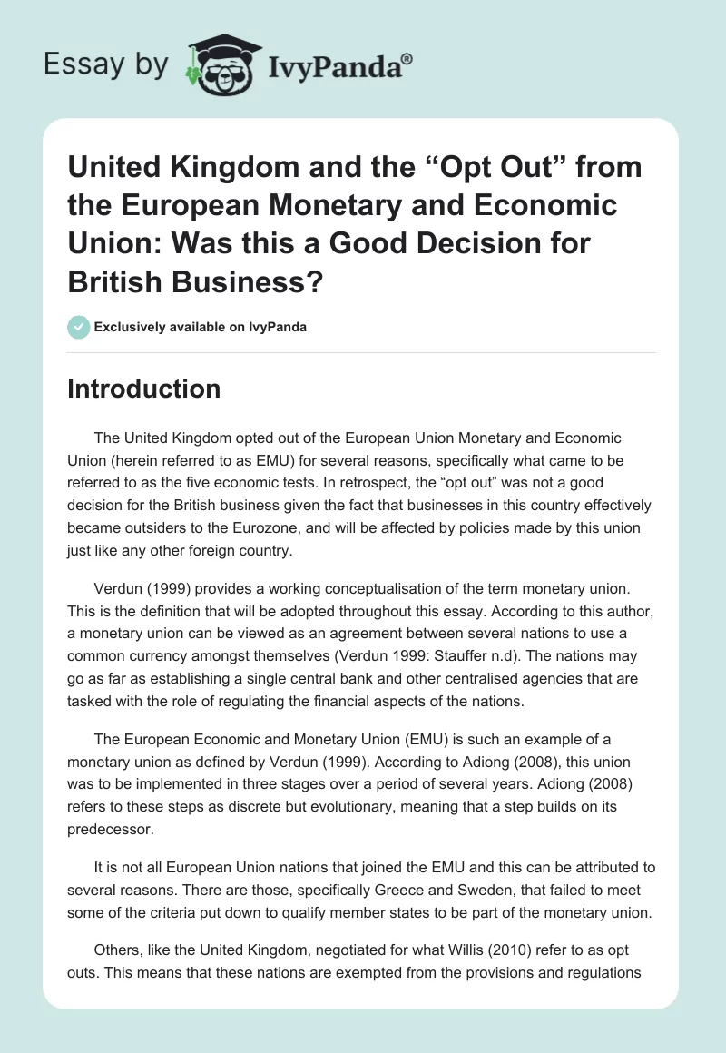 United Kingdom and the “Opt Out” from the European Monetary and Economic Union: Was this a Good Decision for British Business?. Page 1