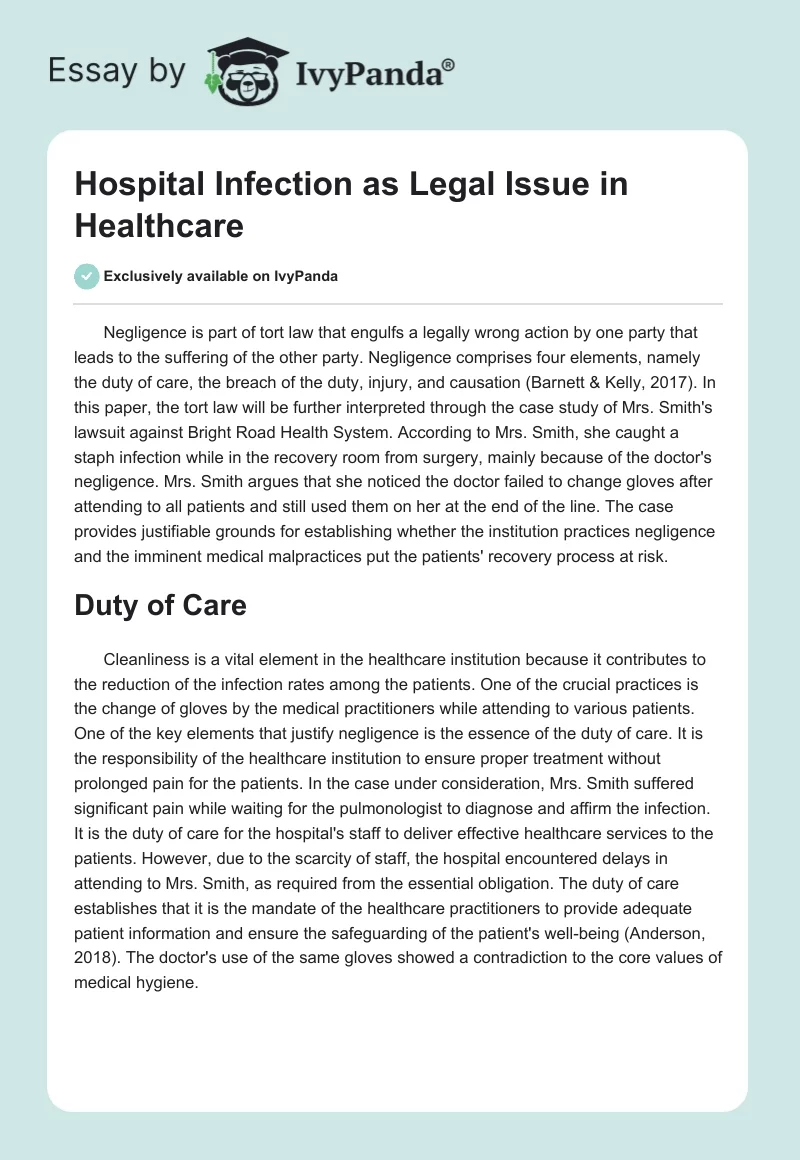 Hospital Infection as Legal Issue in Healthcare. Page 1
