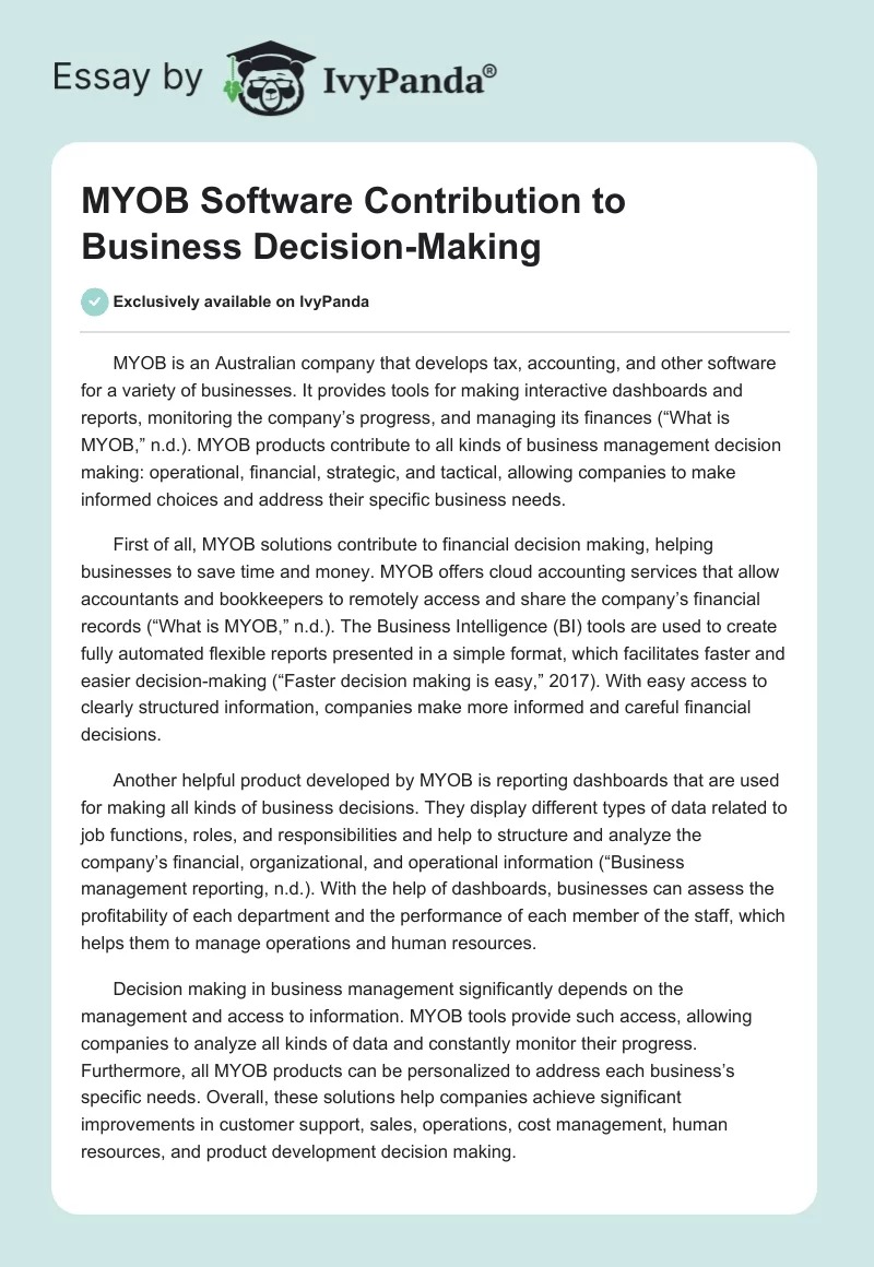 MYOB Software Contribution to Business Decision-Making. Page 1