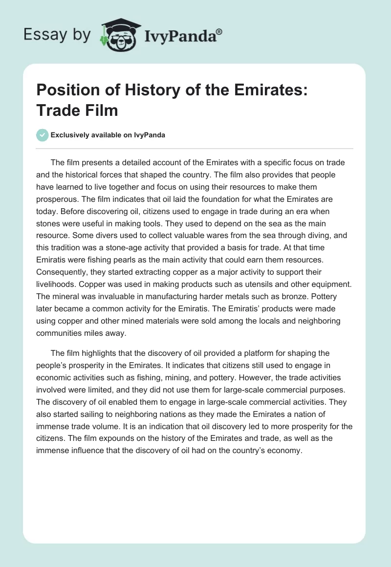 Position of "History of the Emirates: Trade" Film. Page 1