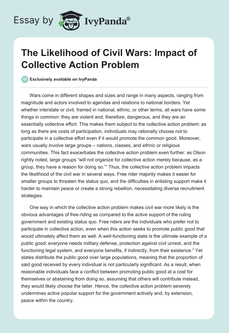 The Likelihood of Civil Wars: Impact of Collective Action Problem. Page 1