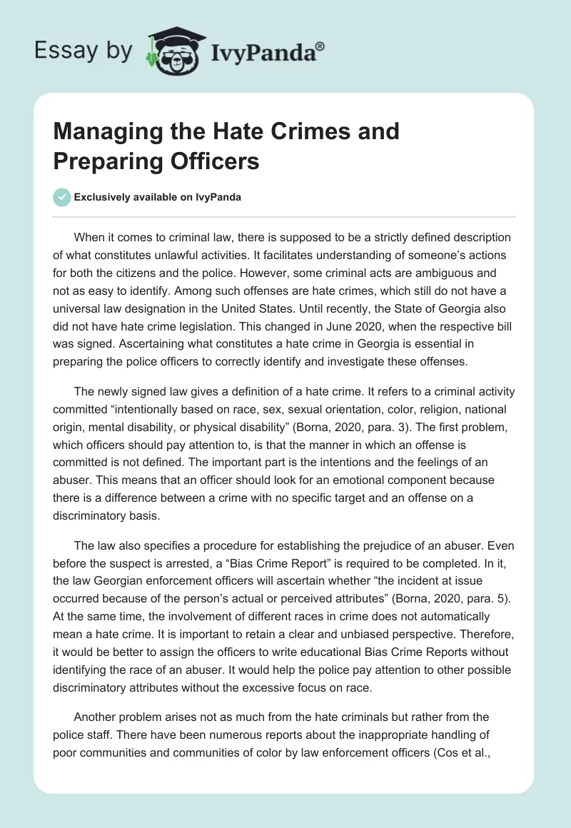 Managing the Hate Crimes and Preparing Officers. Page 1