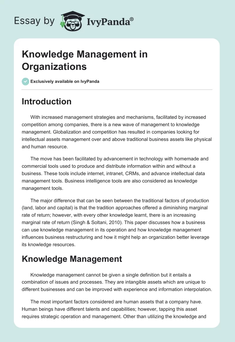Knowledge Management in Organizations. Page 1