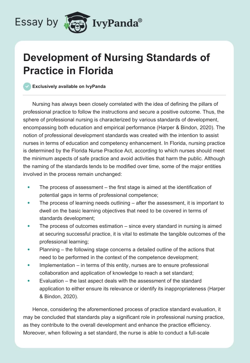 Development of Nursing Standards of Practice in Florida. Page 1