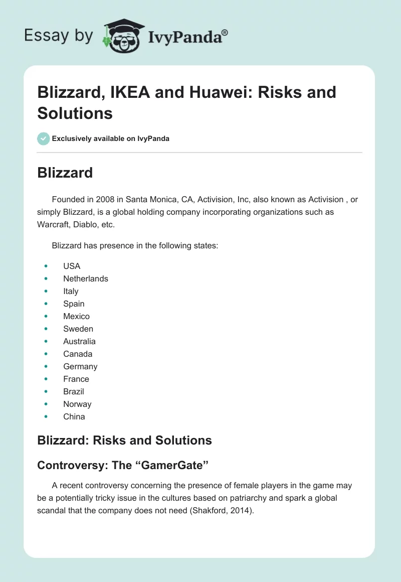 Blizzard, IKEA and Huawei: Risks and Solutions. Page 1