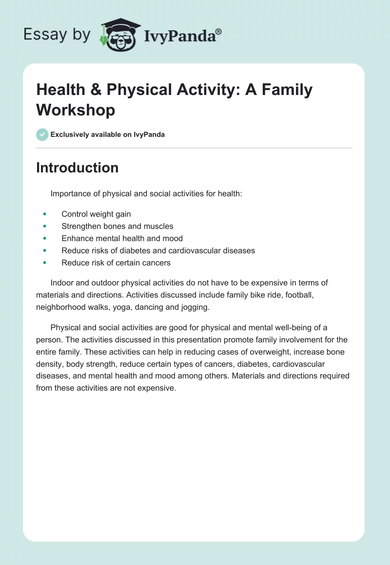 Health & Physical Activity: A Family Workshop. Page 1