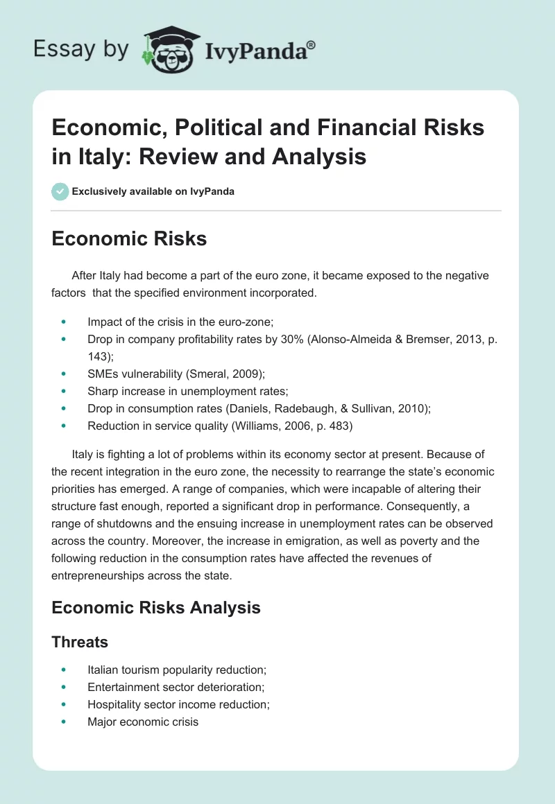 Economic, Political and Financial Risks in Italy: Review and Analysis. Page 1