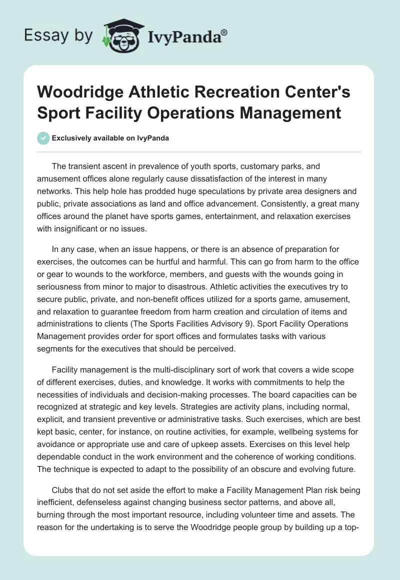 Woodridge Athletic Recreation Center's Sport Facility Operations Management. Page 1