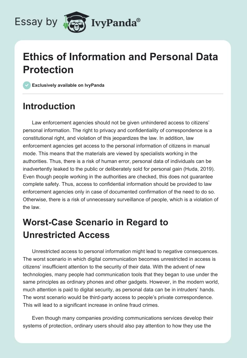 Ethics of Information and Personal Data Protection. Page 1