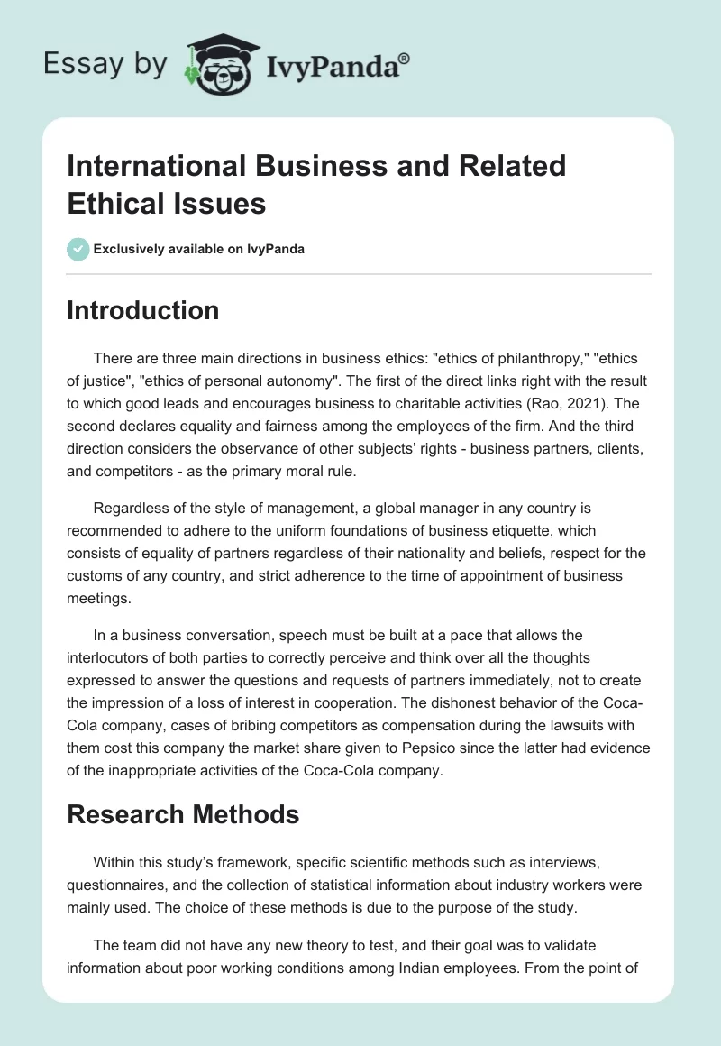 International Business and Related Ethical Issues. Page 1