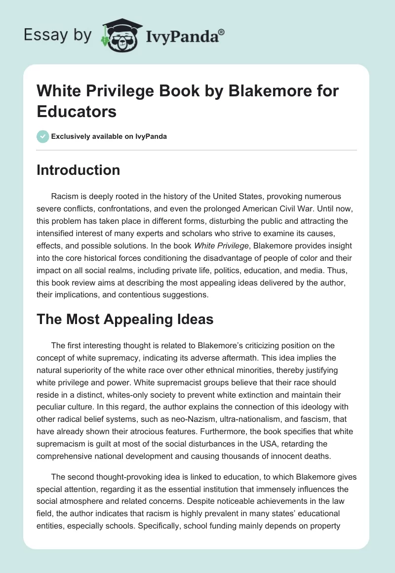 "White Privilege" Book by Blakemore for Educators. Page 1