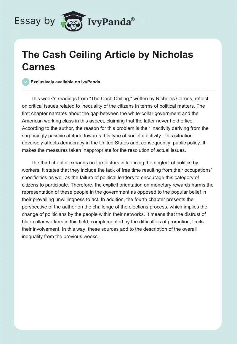 "The Cash Ceiling" Article by Nicholas Carnes. Page 1