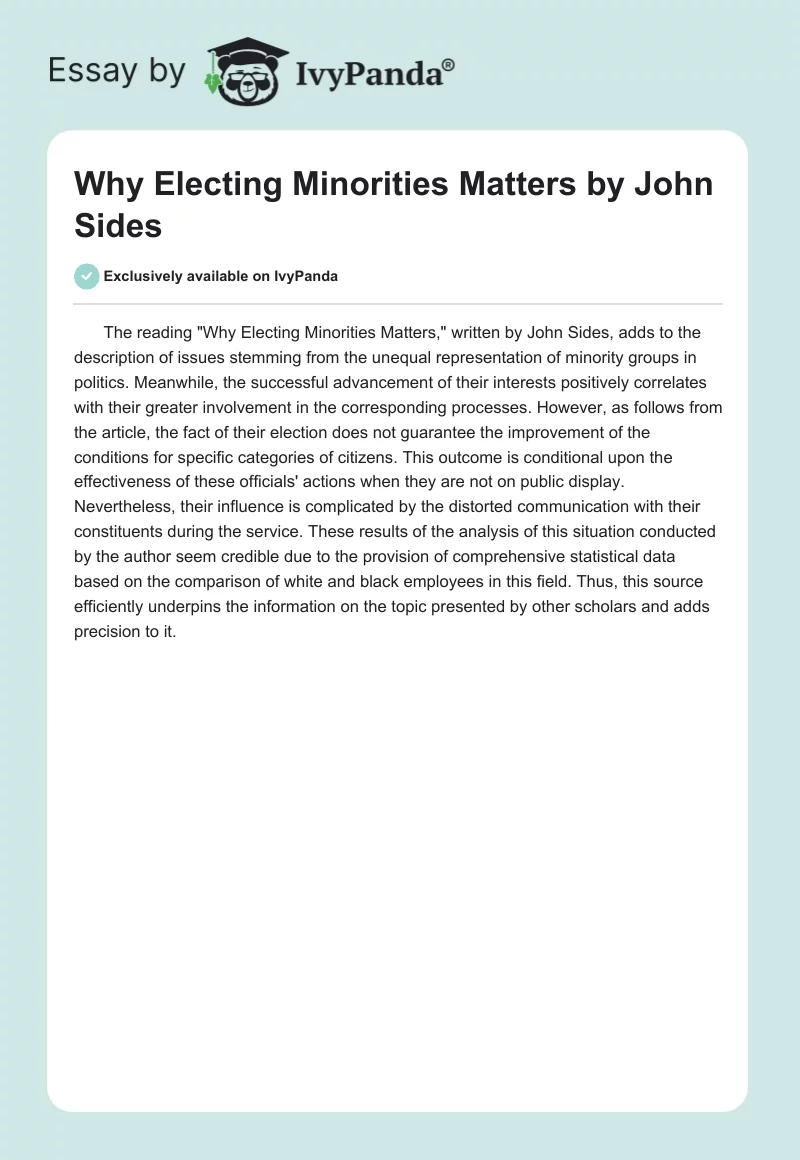 "Why Electing Minorities Matters" by John Sides. Page 1