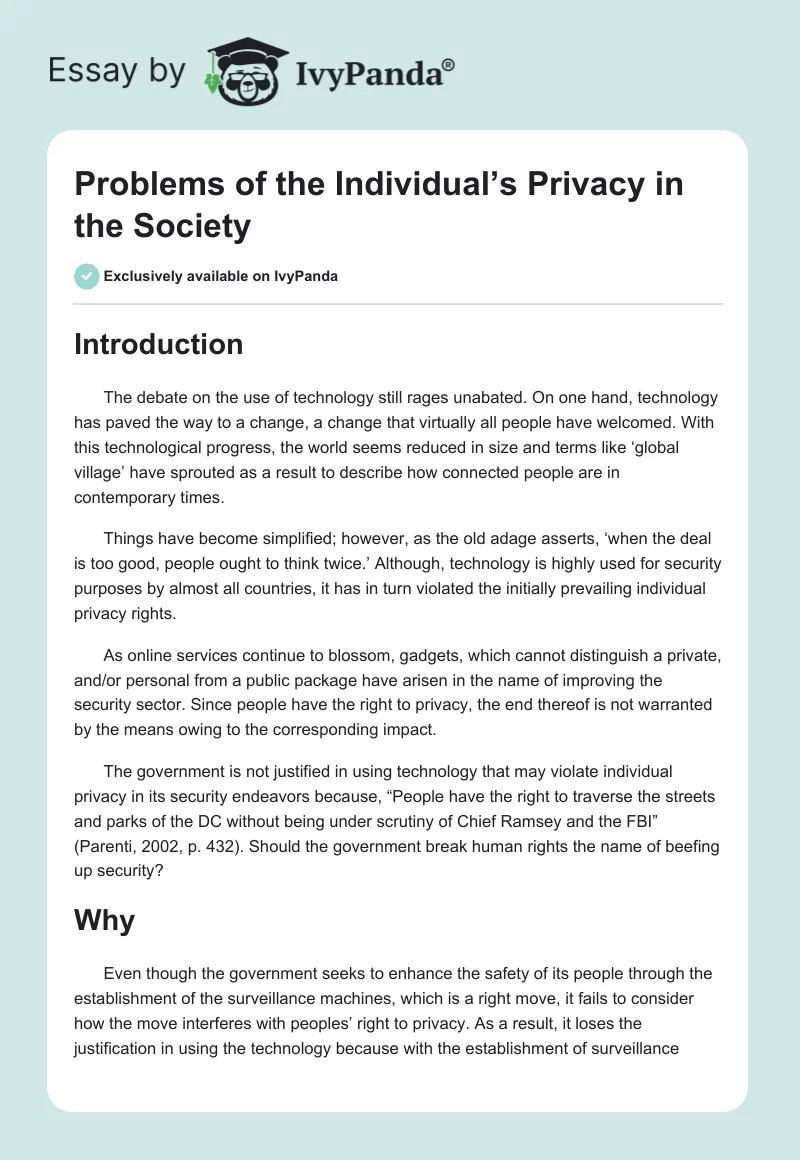 Problems of the Individual’s Privacy in the Society. Page 1